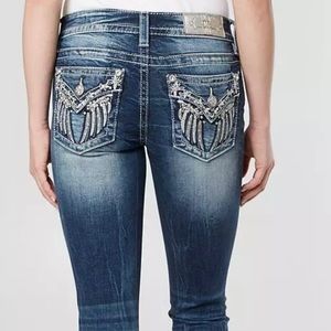 Miss Me women’s jeans; size 25; color: dark blue with stylistic fading on thighs